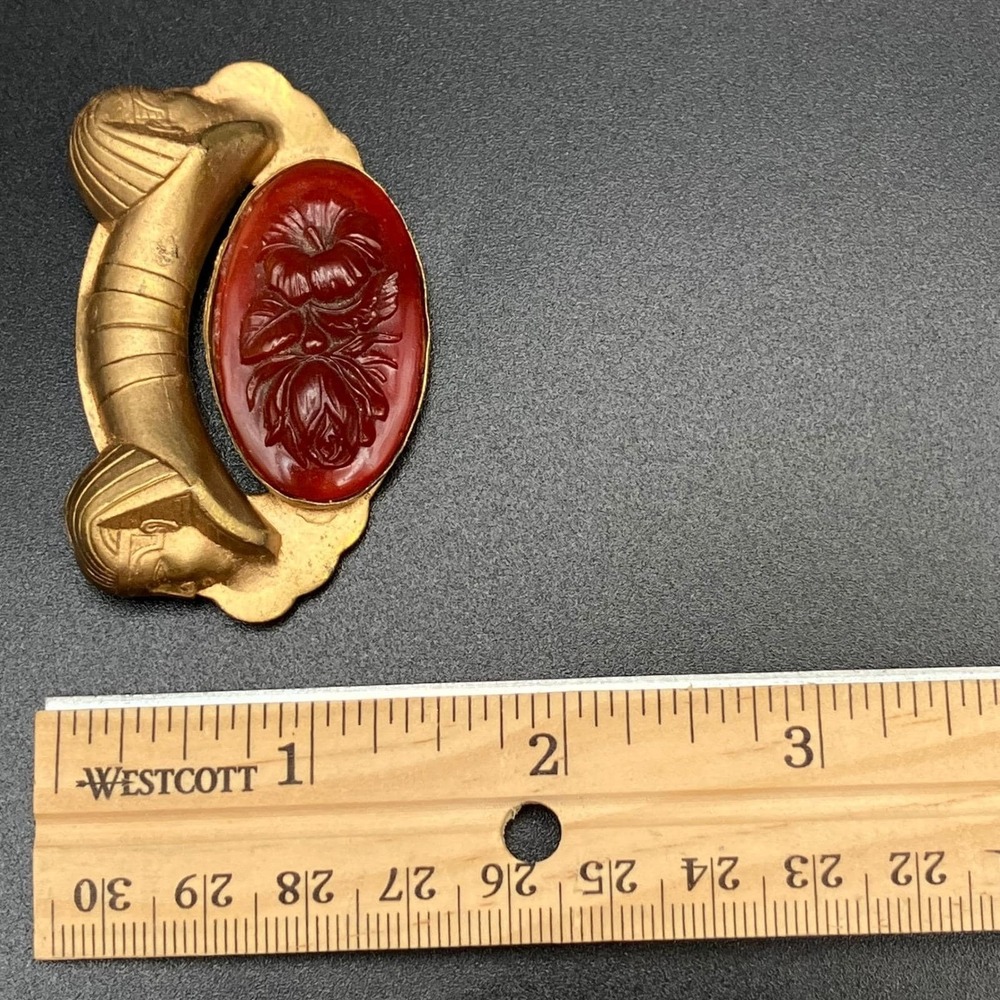 Vintage Egyptian Revival Pressed Glass Floral Brooch Pharaoh Sphinx Czech Glass - Picture 5 of 7